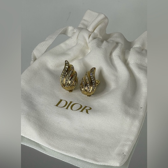 Christian Dior Rhinestone Gold Tone Clip On Earrings With Dust Bag - Picture 11 of 11